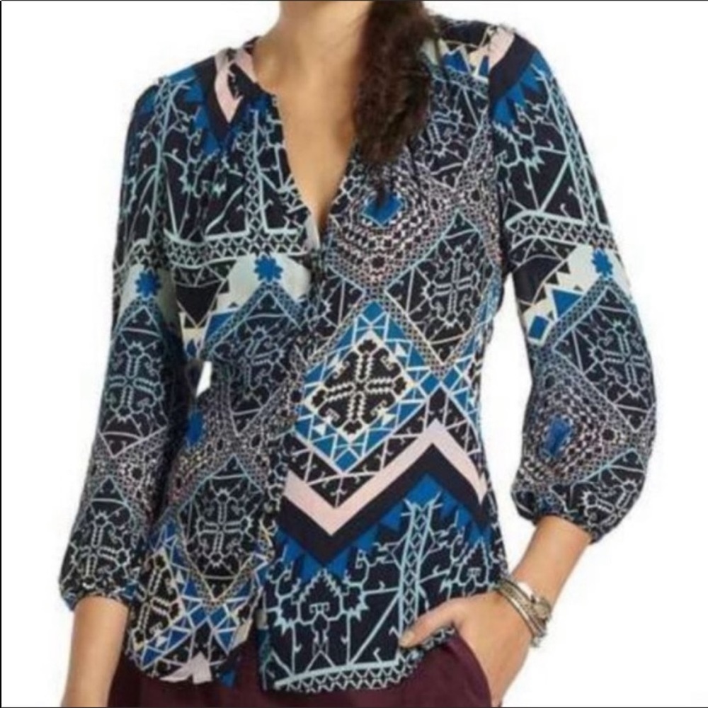 Anthropologie blue patterned sheer button down shirt